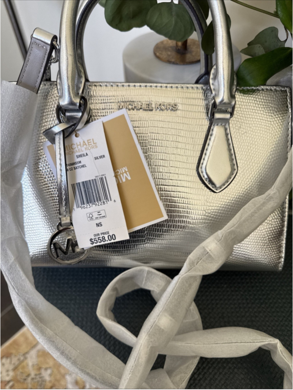 Michael Kors Sheila Satchel Silver Lizard Embossed Crossbody Bag NWT